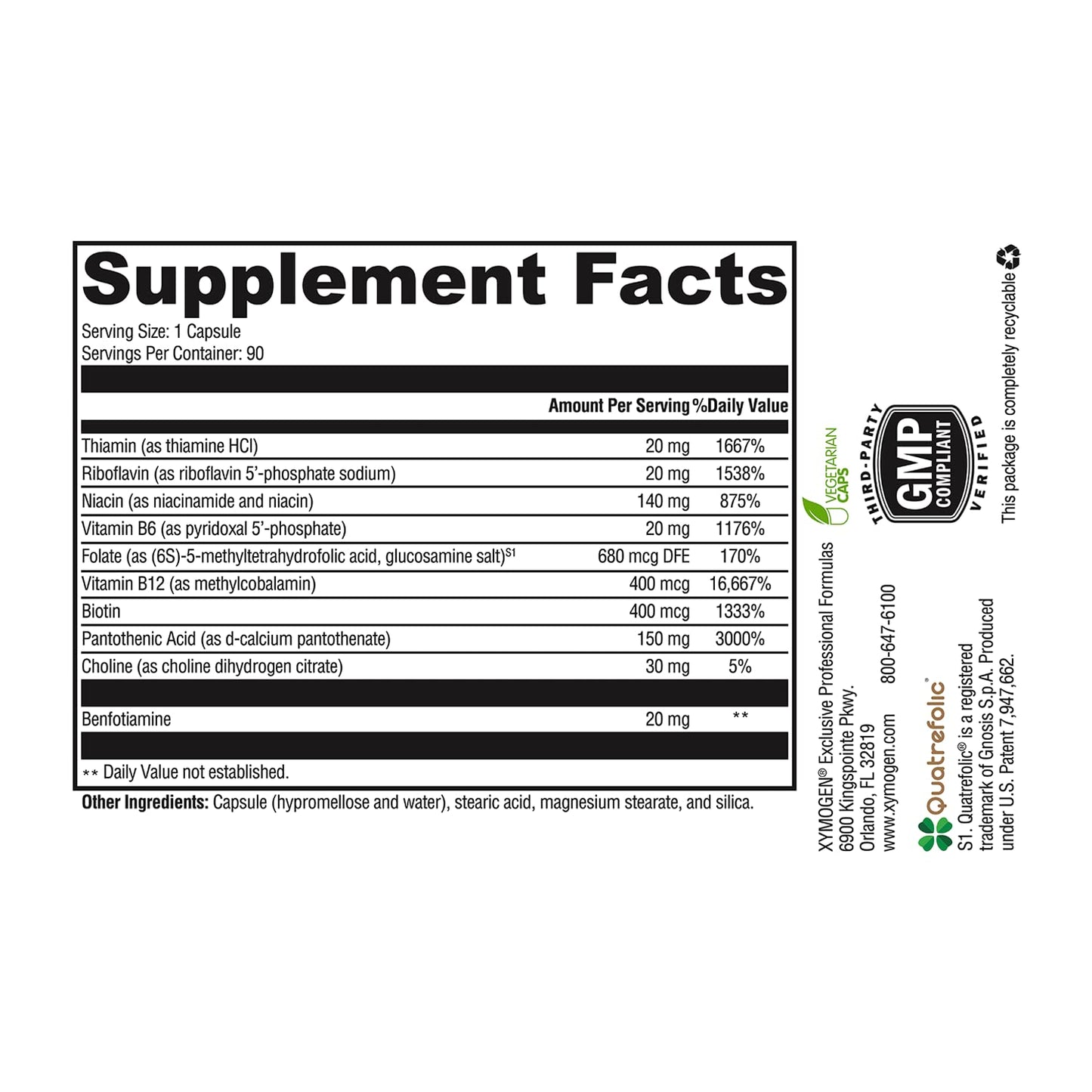 Detalle ingredientes suplemento XYMOGEN vitamina b