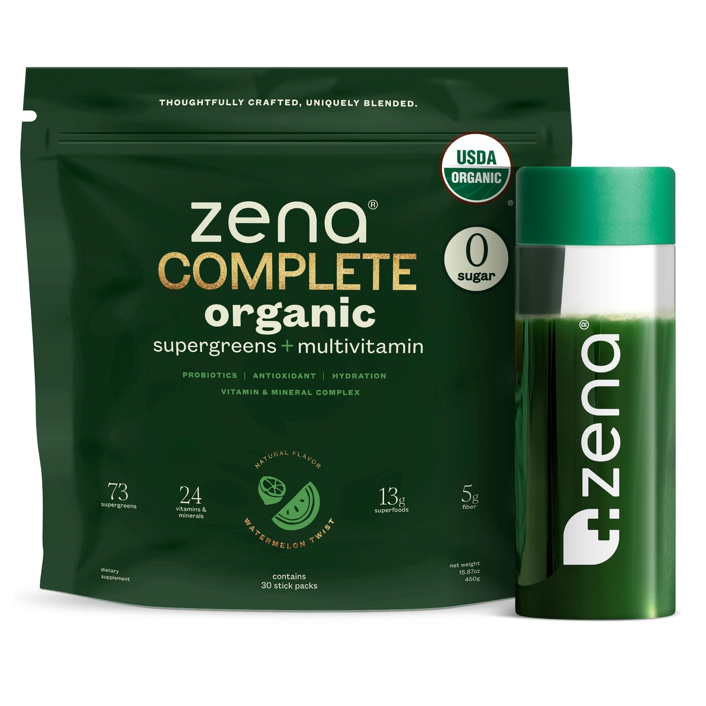 Zena Complete Super Greens orgánico con sabor sandía.
