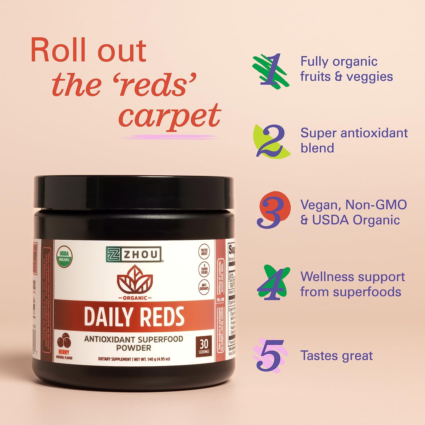 Zhou Nutrition Reds orgánico polvo ingredientes saludables