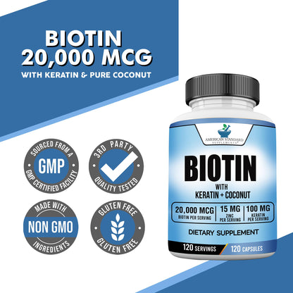 120 cápsulas vegetales biotina para cabello y piel