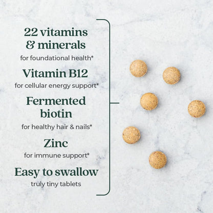22 vitaminas y minerales en multivitamínico Tiny Tabs