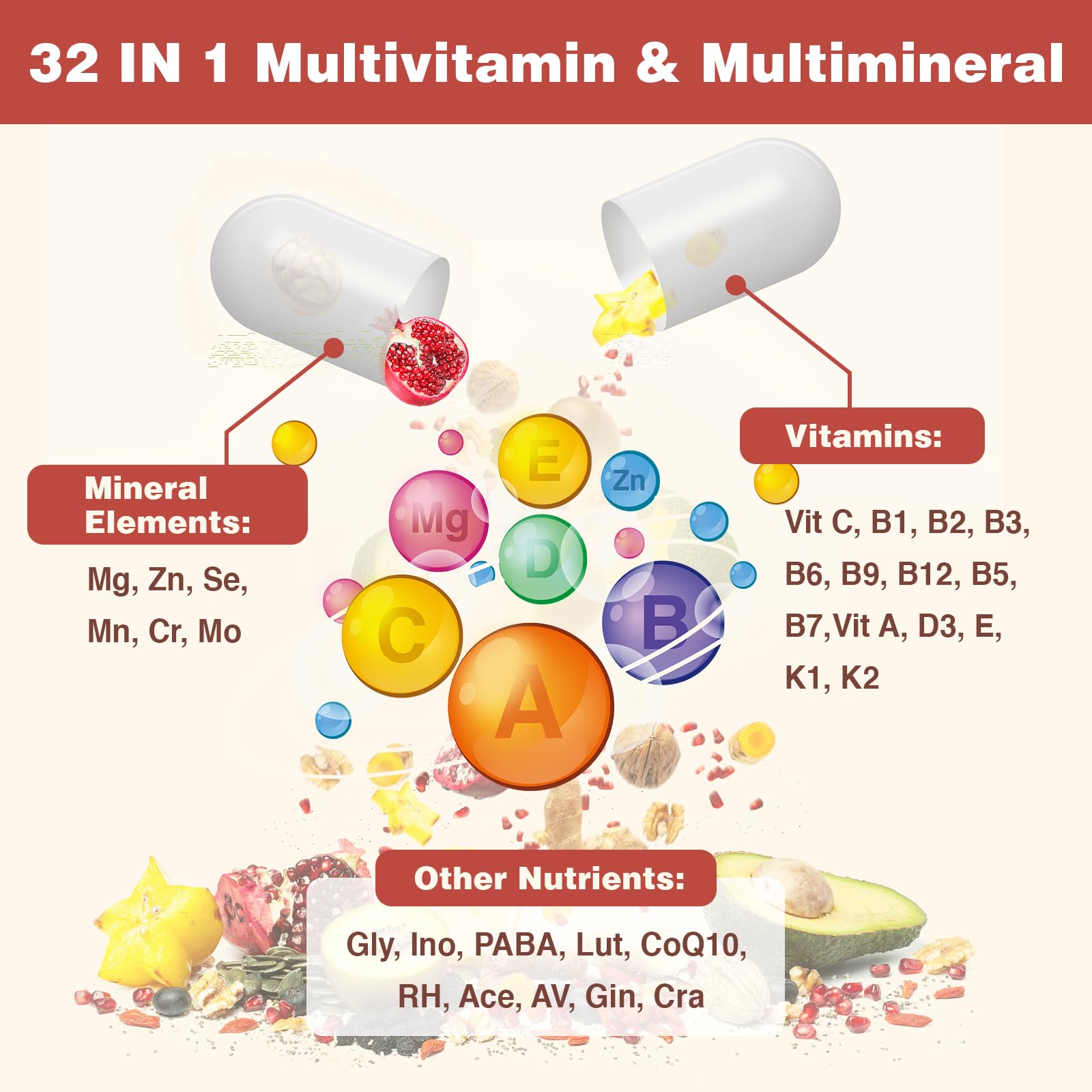 32 vitaminas y minerales en multivitamínico liposomal
