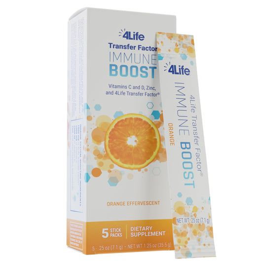Caja del suplemento 4Life Immune Boost con polvo de sabor naranja