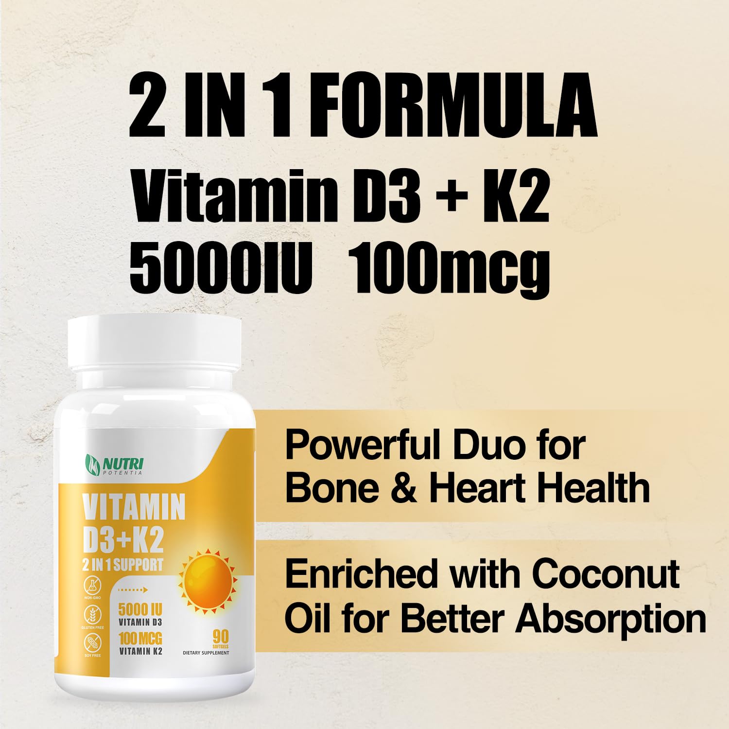 90 cápsulas blandas vitamina D3 K2 MK7 NUTRI POTENTIA sin gluten