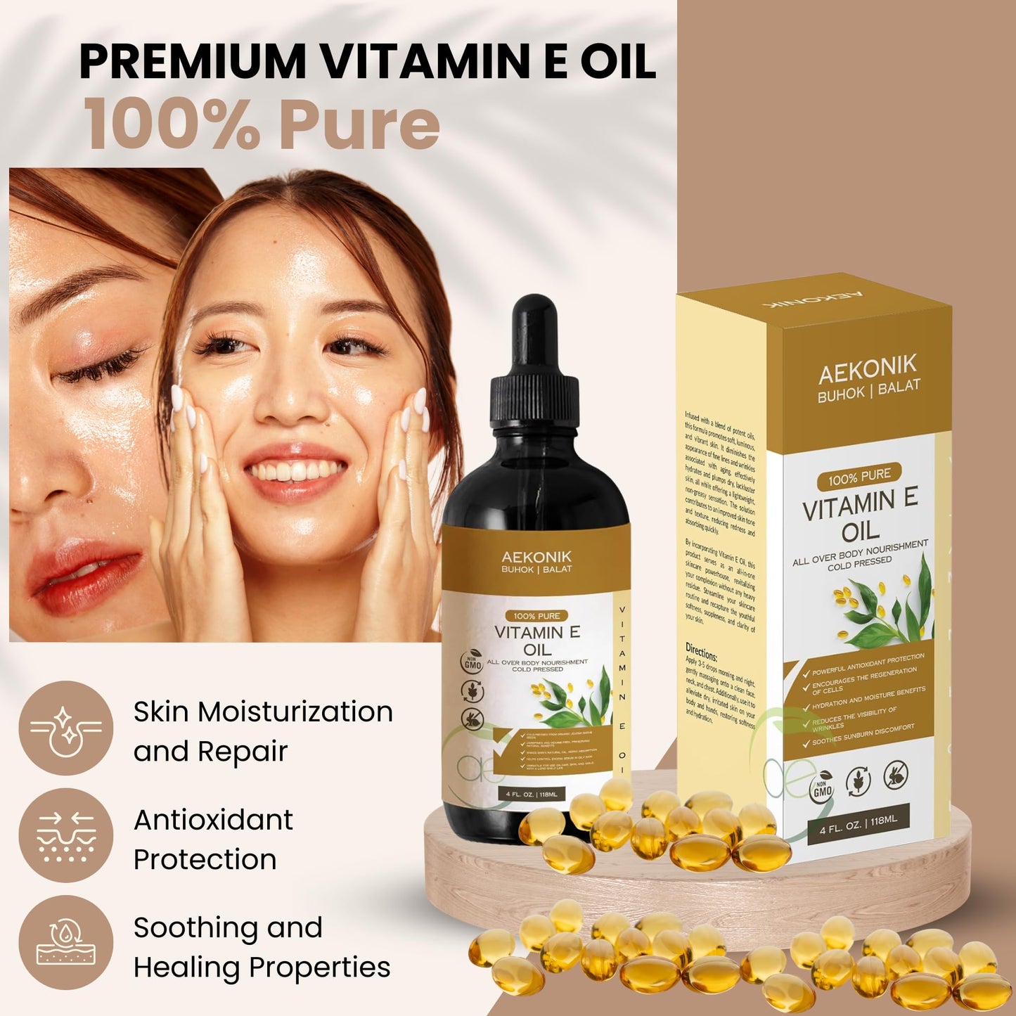Aceite hidratante vitamina e orgánico para cuidado corporal AEKONIK
