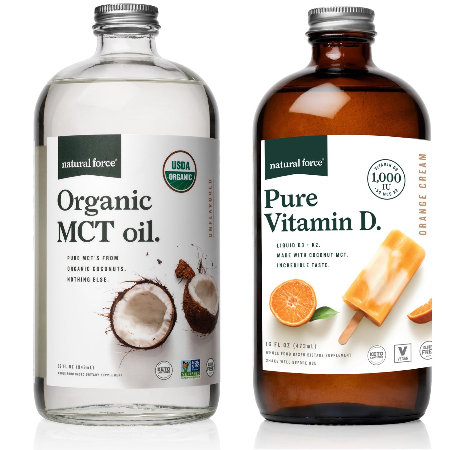 Aceite MCT Natural Force orgánico botella vidrio vitamina D crema naranja