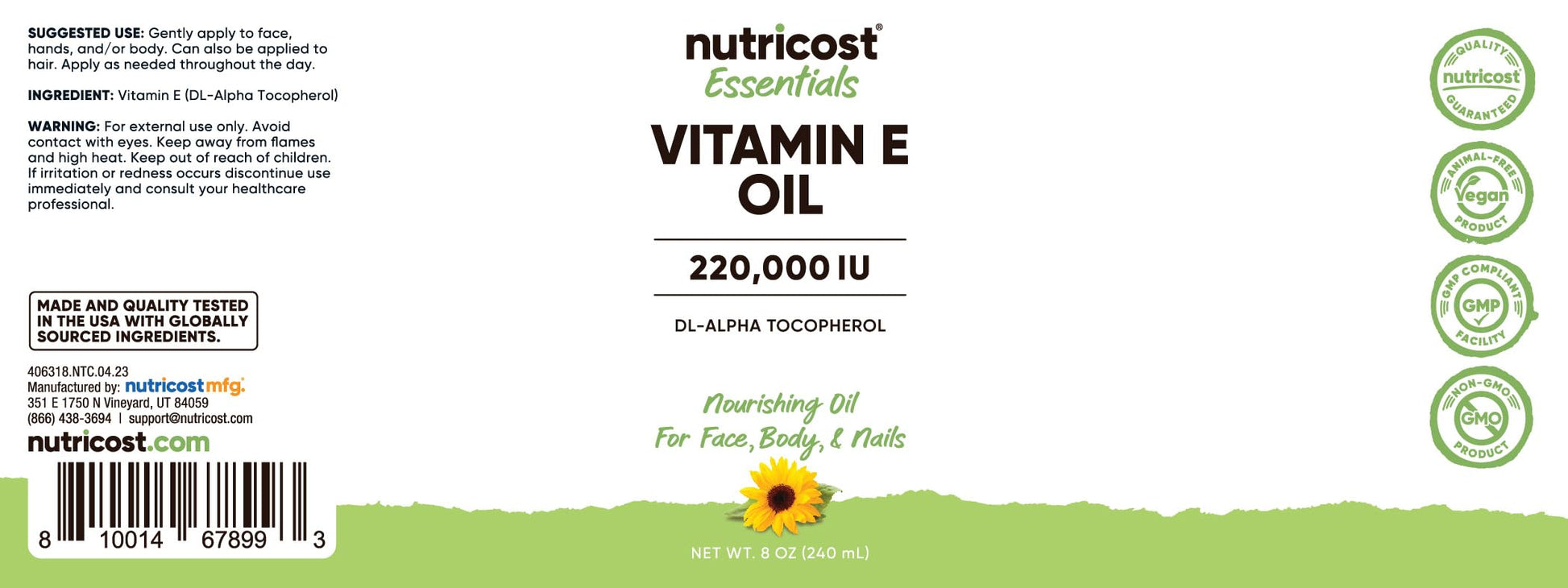 Aceite Nutricost vitamina E esencia para cuidado diario de piel