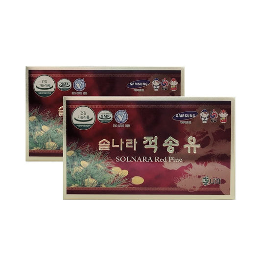 Caja y frasco de cápsulas de aceite de pino rojo coreano SOLNARA