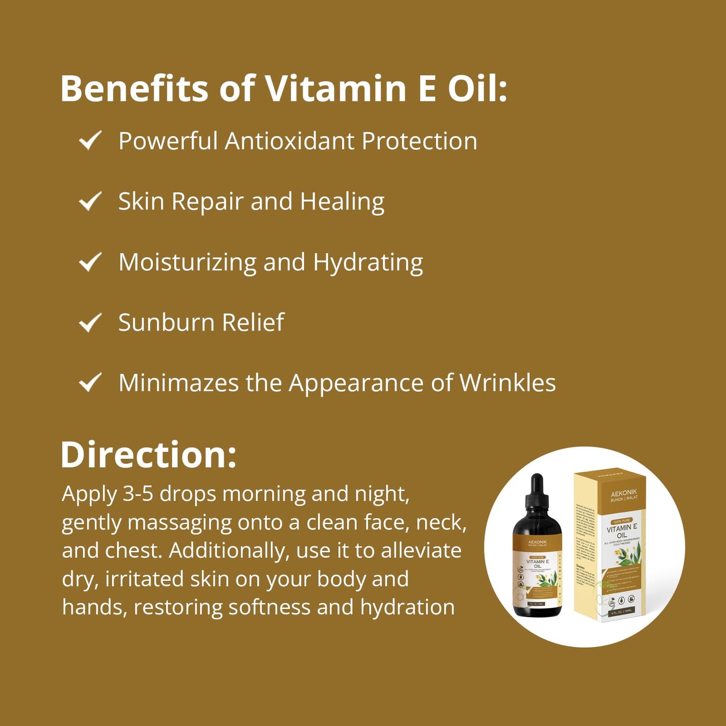 Aceite puro vitamina e para reducción de arrugas y cicatrices AEKONIK