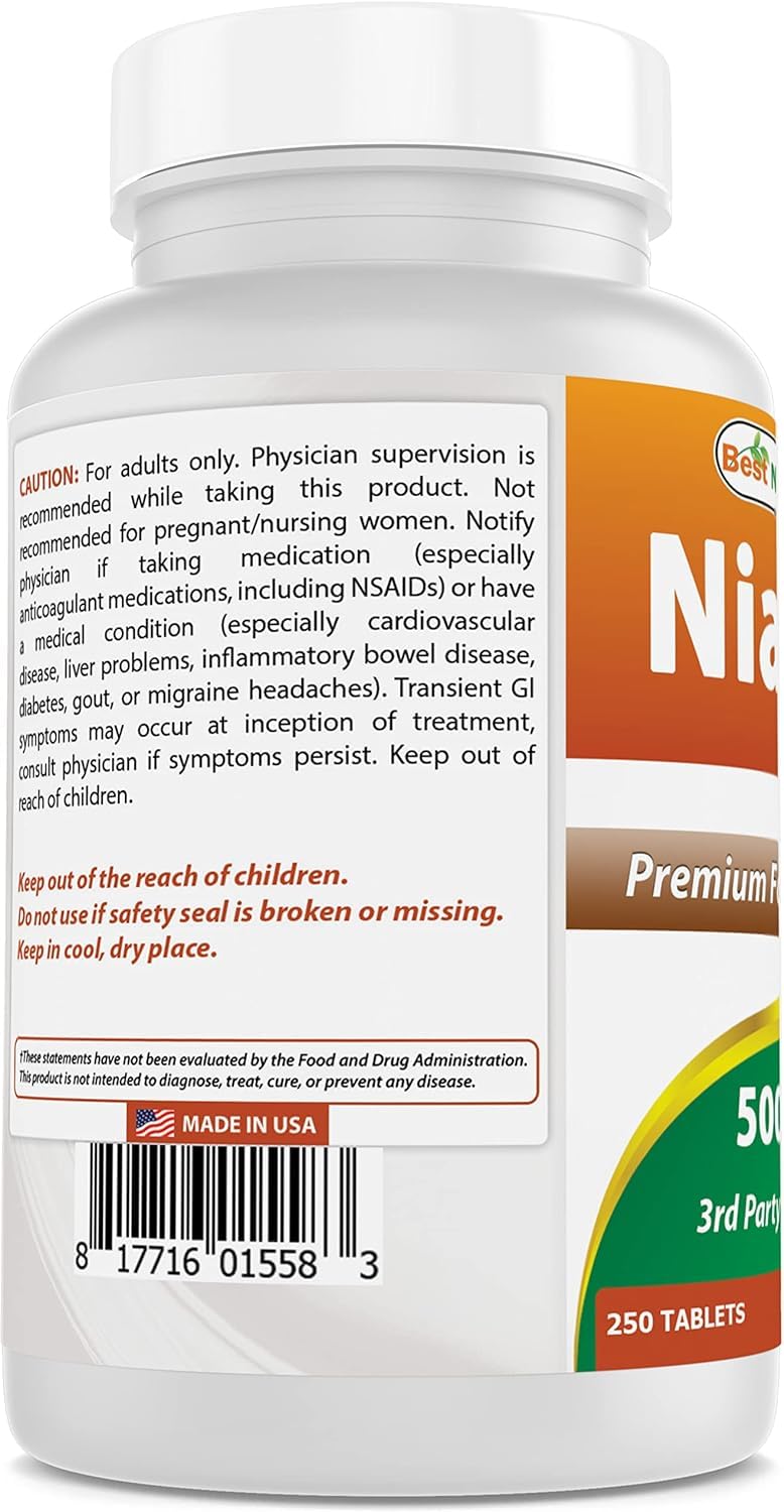 Acercamiento a tabletas de Niacina Best Naturals 500 mg