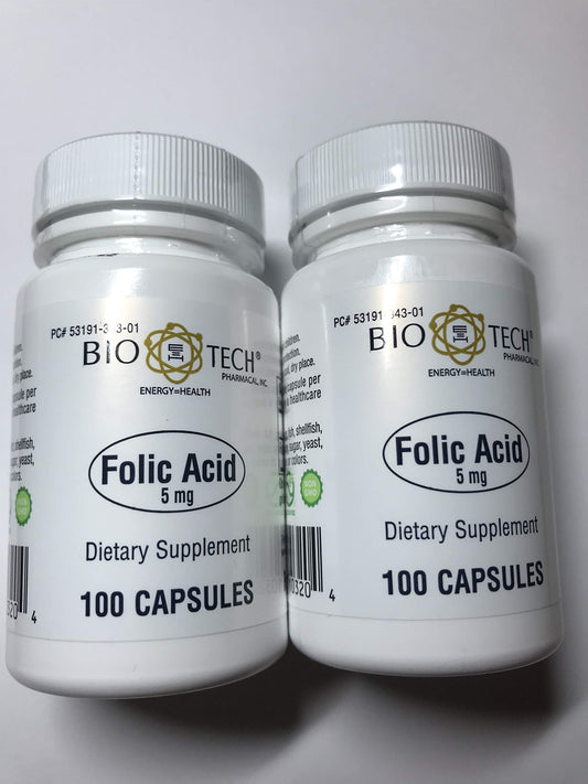 Ácido fólico BioTech Pharmacal 5mg 100 cápsulas paquete doble