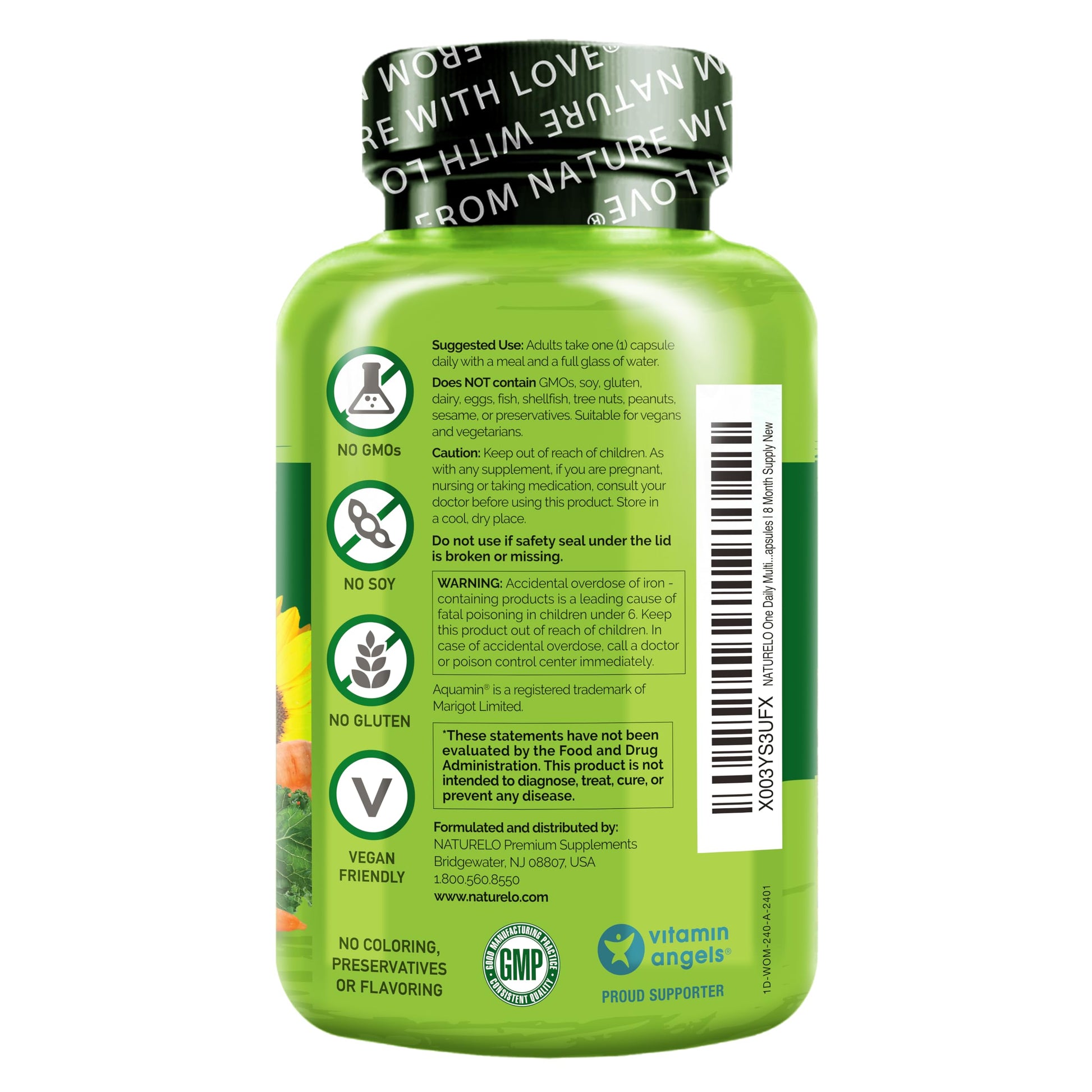 Advertencias del producto NATURELO en la vista trasera de la botella.