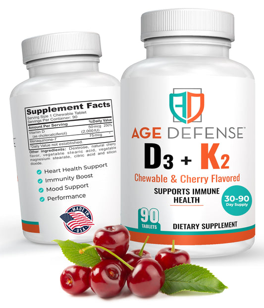 Paquete Age Defense Vitamina D3 2000 UI con K2 90 tabletas masticables