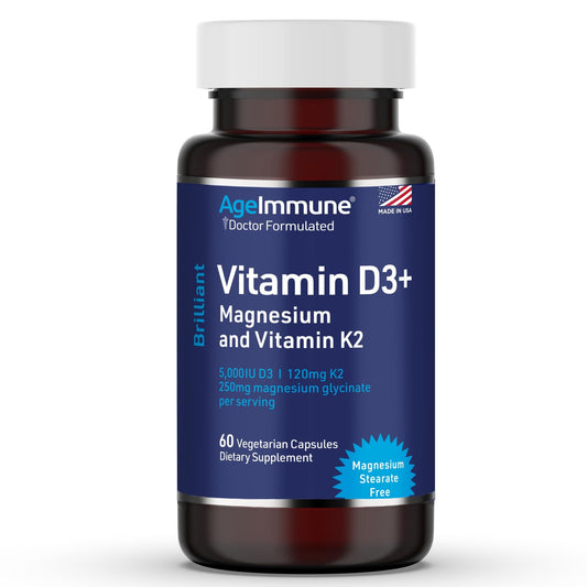 Frasco de AgeImmune D3 K2 Magnesio con 60 cápsulas para salud inmunológica