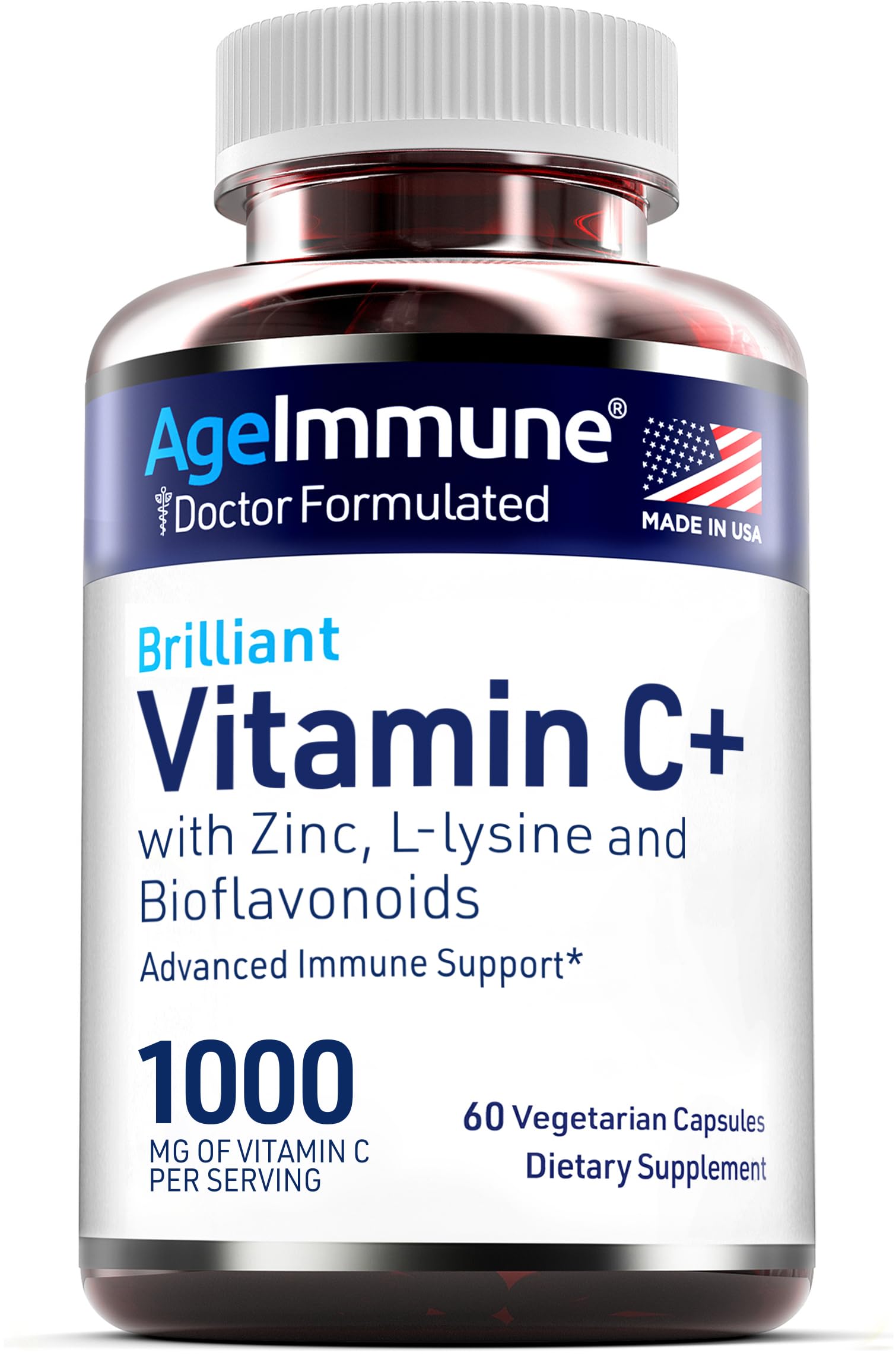 Botella suplementos AgeImmune vitamina c zinc l-lisina 60 cápsulas