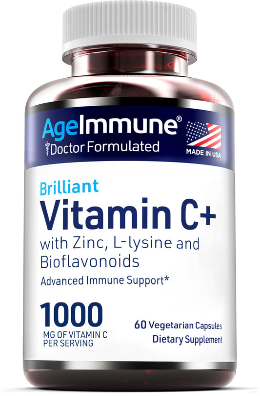Botella suplementos AgeImmune vitamina c zinc l-lisina 60 cápsulas