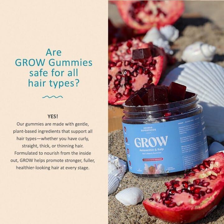 Frasco frontal de Akasha Superfoods Grow Hair & Beauty Gummies para cabello
