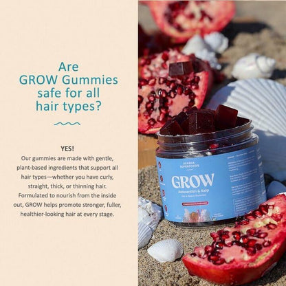 Frasco frontal de Akasha Superfoods Grow Hair & Beauty Gummies para cabello
