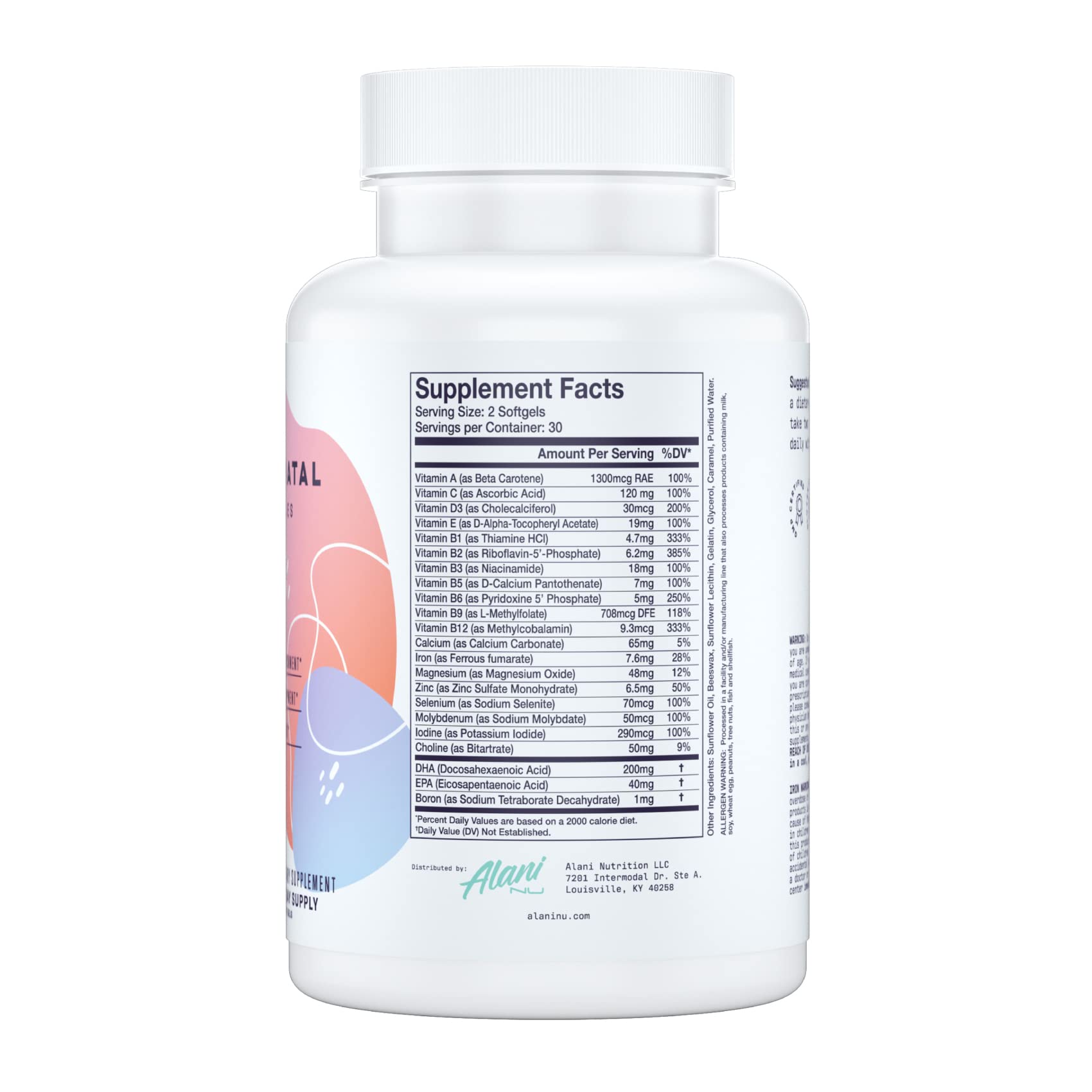 Suplemento Alani Nu con nutrientes para desarrollo fetal
