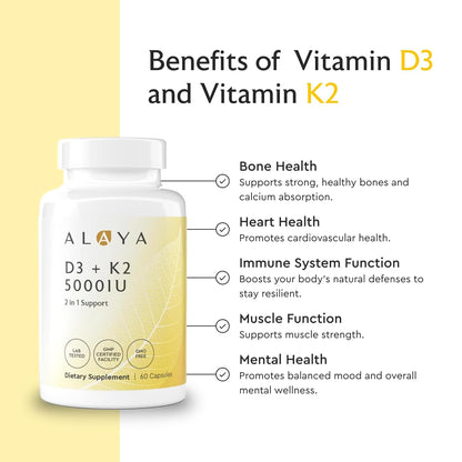 Alaya Naturals suplemento vitaminas D3 K2 con máxima absorción