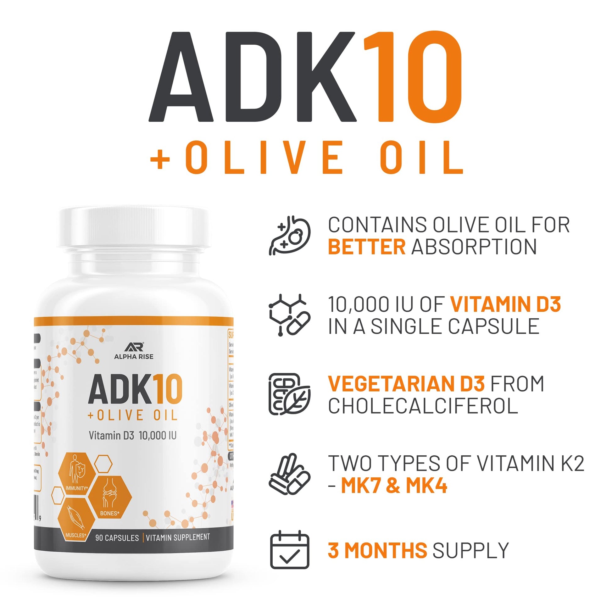 Etiqueta frontal ALPHA RISE ADK 10 cápsulas