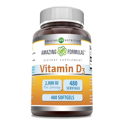 Botella de suplemento de vitamina D3 2000 UI Amazing Formulas con 480 cápsulas