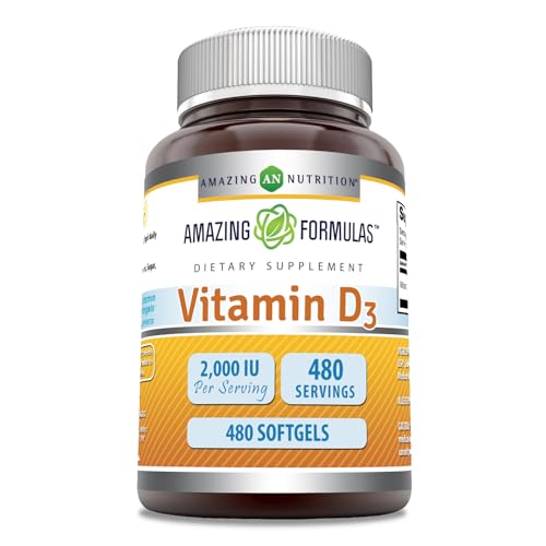 Botella de suplemento de vitamina D3 2000 UI Amazing Formulas con 480 cápsulas