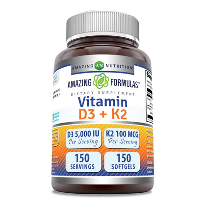 Amazing Formulas Vitamina D3 5000 IU y Vitamina K2 100 Mcg cápsulas frontales