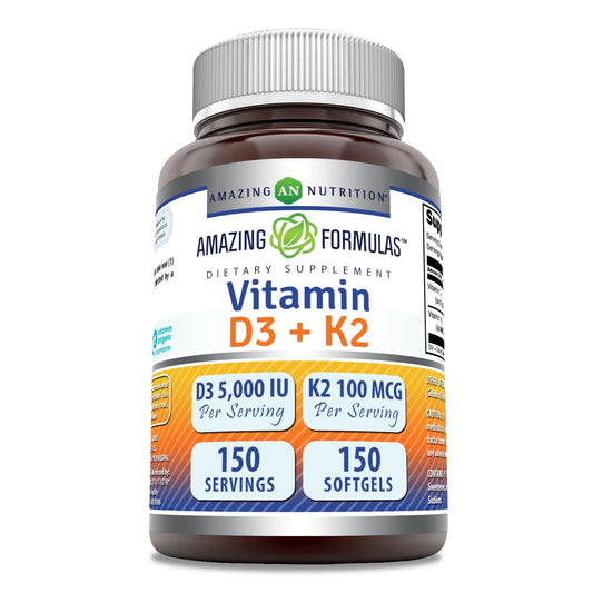 Amazing Formulas Vitamina D3 5000 IU y Vitamina K2 100 Mcg cápsulas frontales