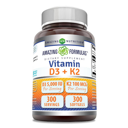 Botella Amazing Formulas Vitamina D3 5000 UI con K2 100 mcg softgels