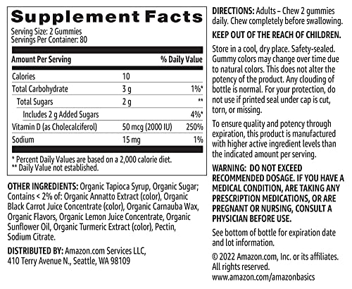 Etiqueta gomitas vitamina d3 Amazon Basics 160 unidades