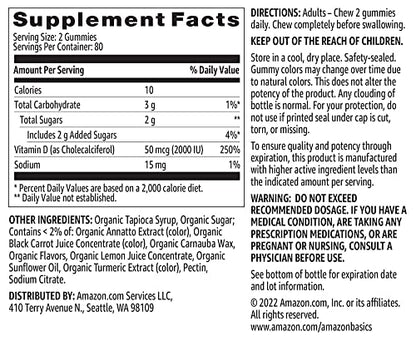 Etiqueta gomitas vitamina d3 Amazon Basics 160 unidades
