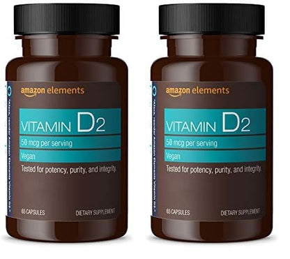Botella Amazon Elements Vitamina D2 2000 UI 65 cápsulas