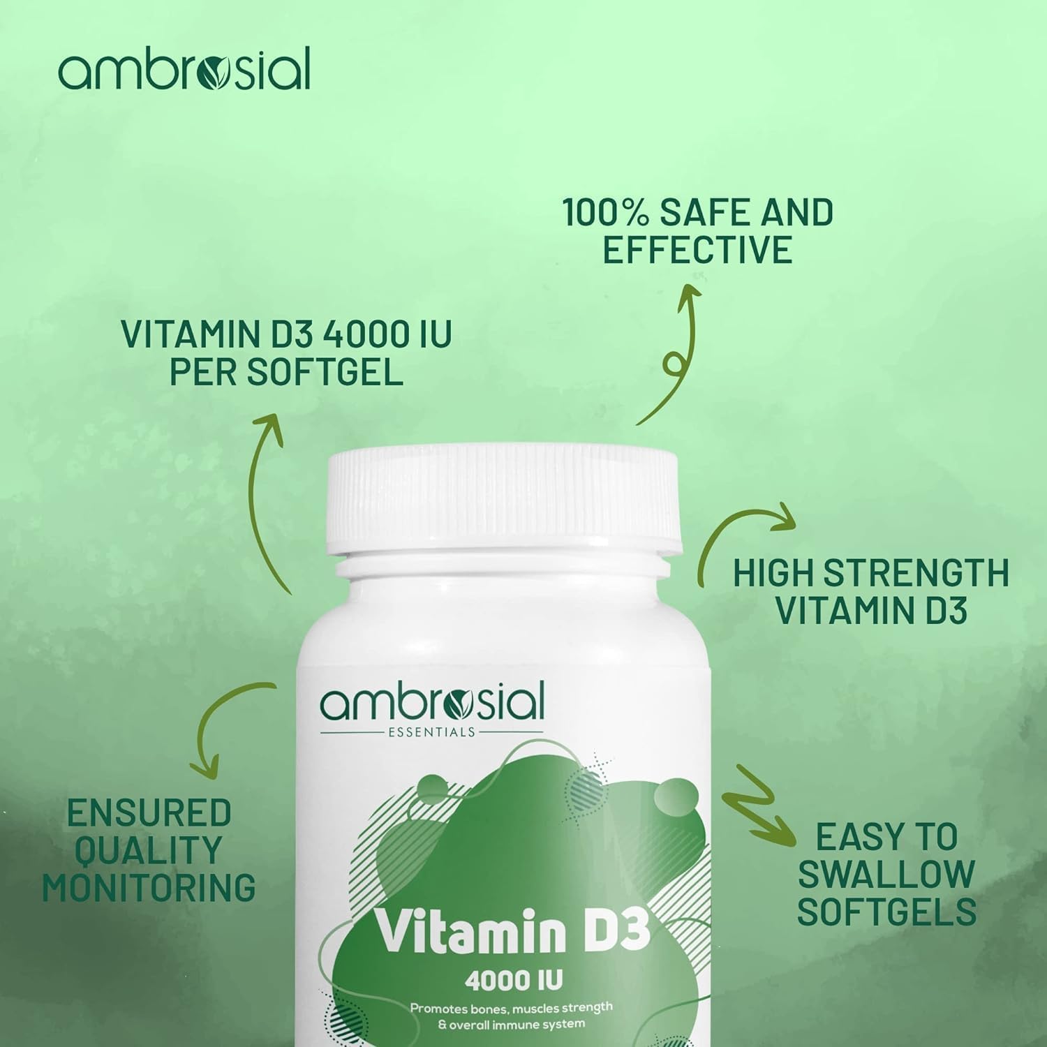 Ambrosial Vitamina D3 4000 IU para bienestar y salud Ósea integral