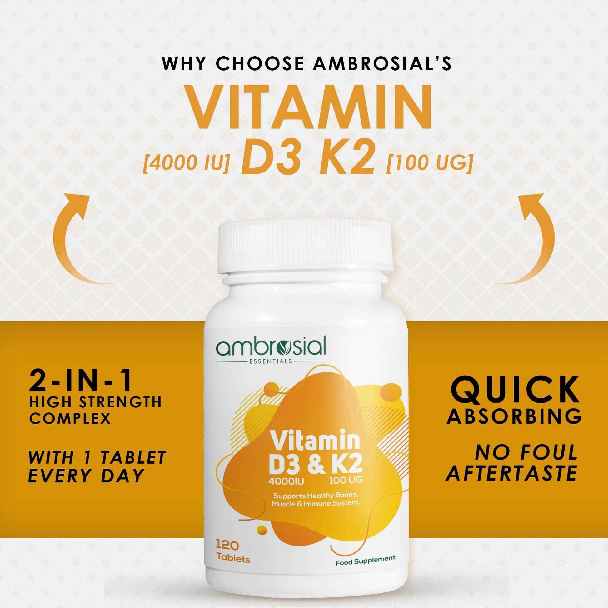 Vista lateral botella Ambrosial vitamina D3 y K2 tabletas