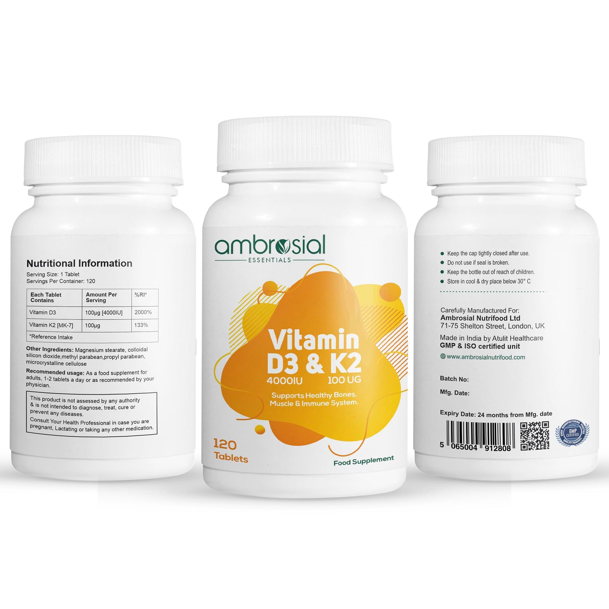 Botella Ambrosial vitamina D3 y K2 en fondo blanco