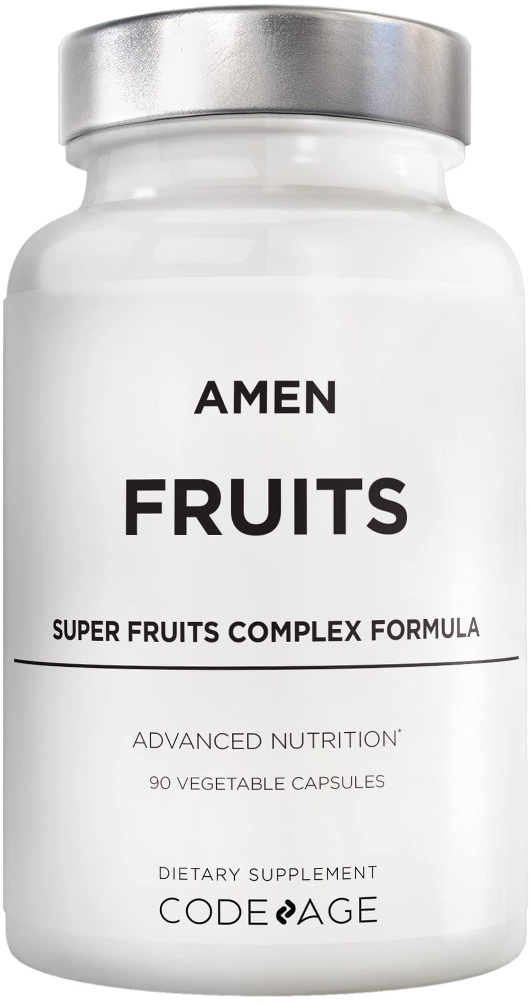 Botella de vitaminas Amen Fruits con suplemento de frutas.