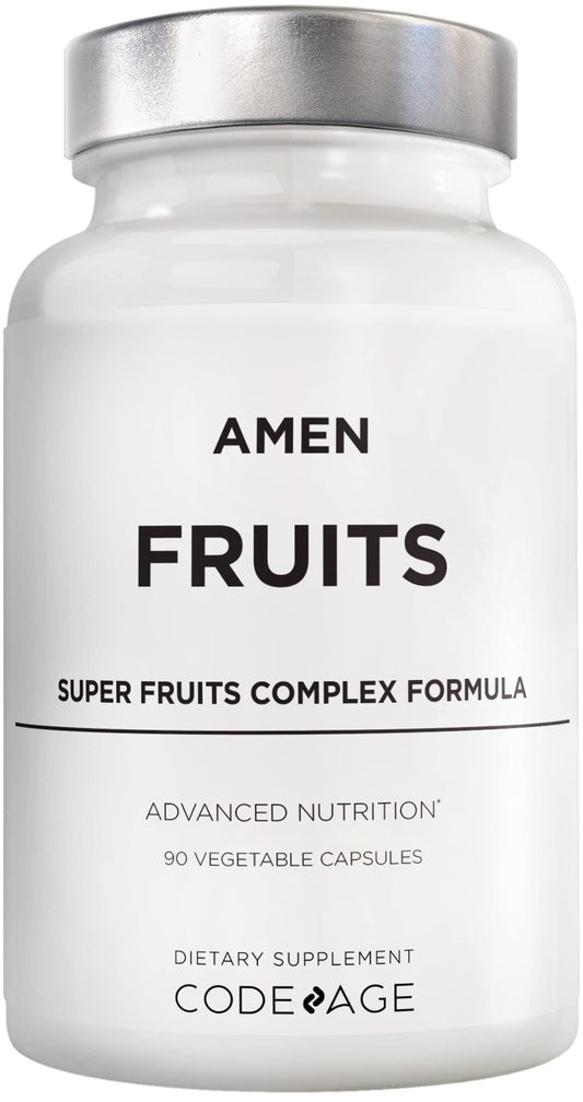 Botella de vitaminas Amen Fruits con suplemento de frutas.