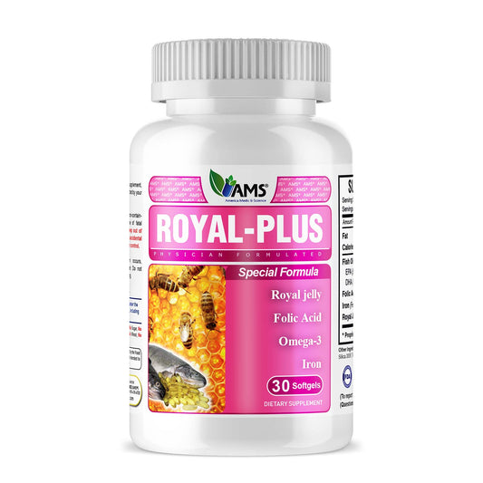 Frasco de vitamínas prenatales Royal-Plus America Medic & Science con 30 cápsulas blandas