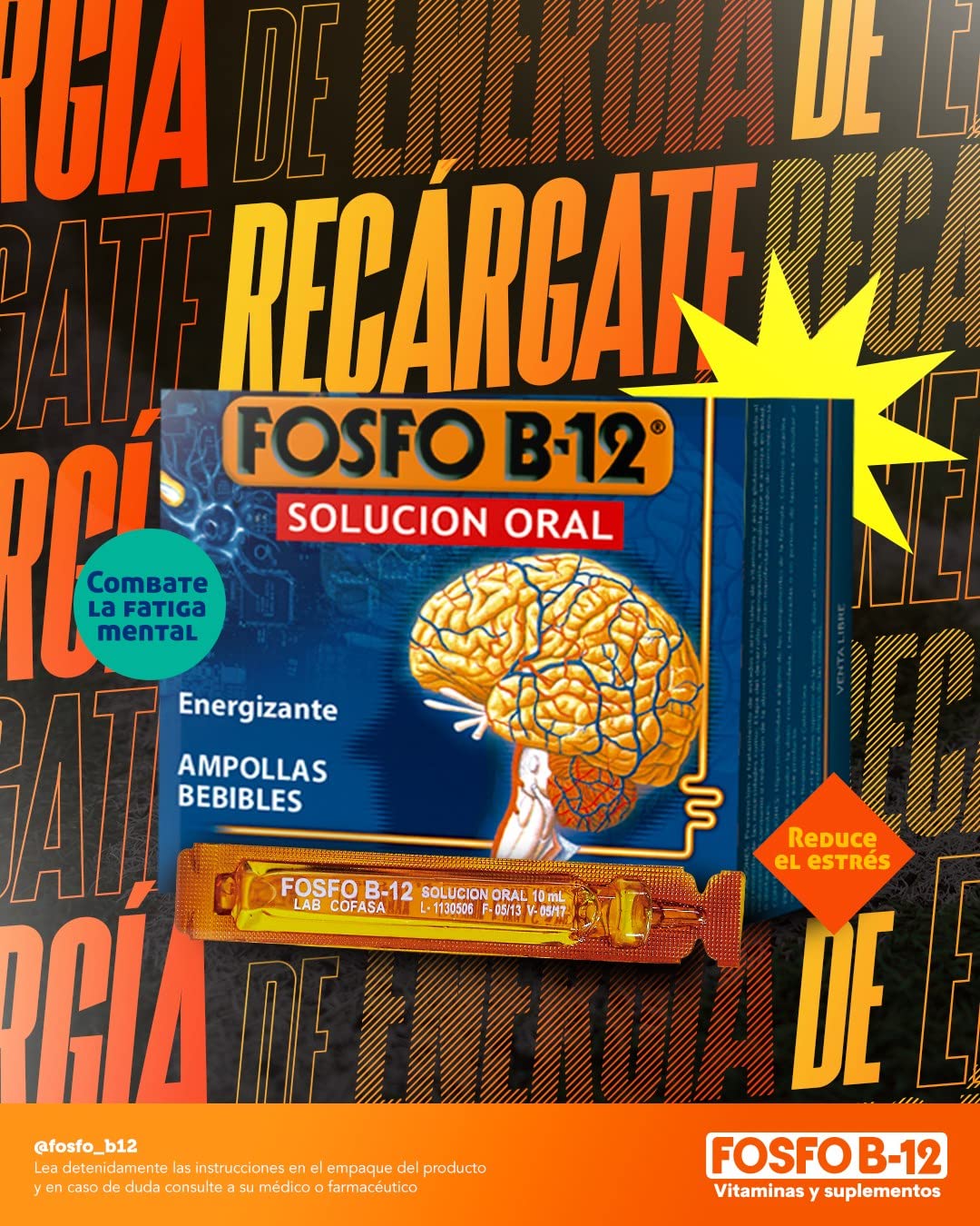 Ampollas y jarabe Fosfo B-12 para estudiantes y fatiga