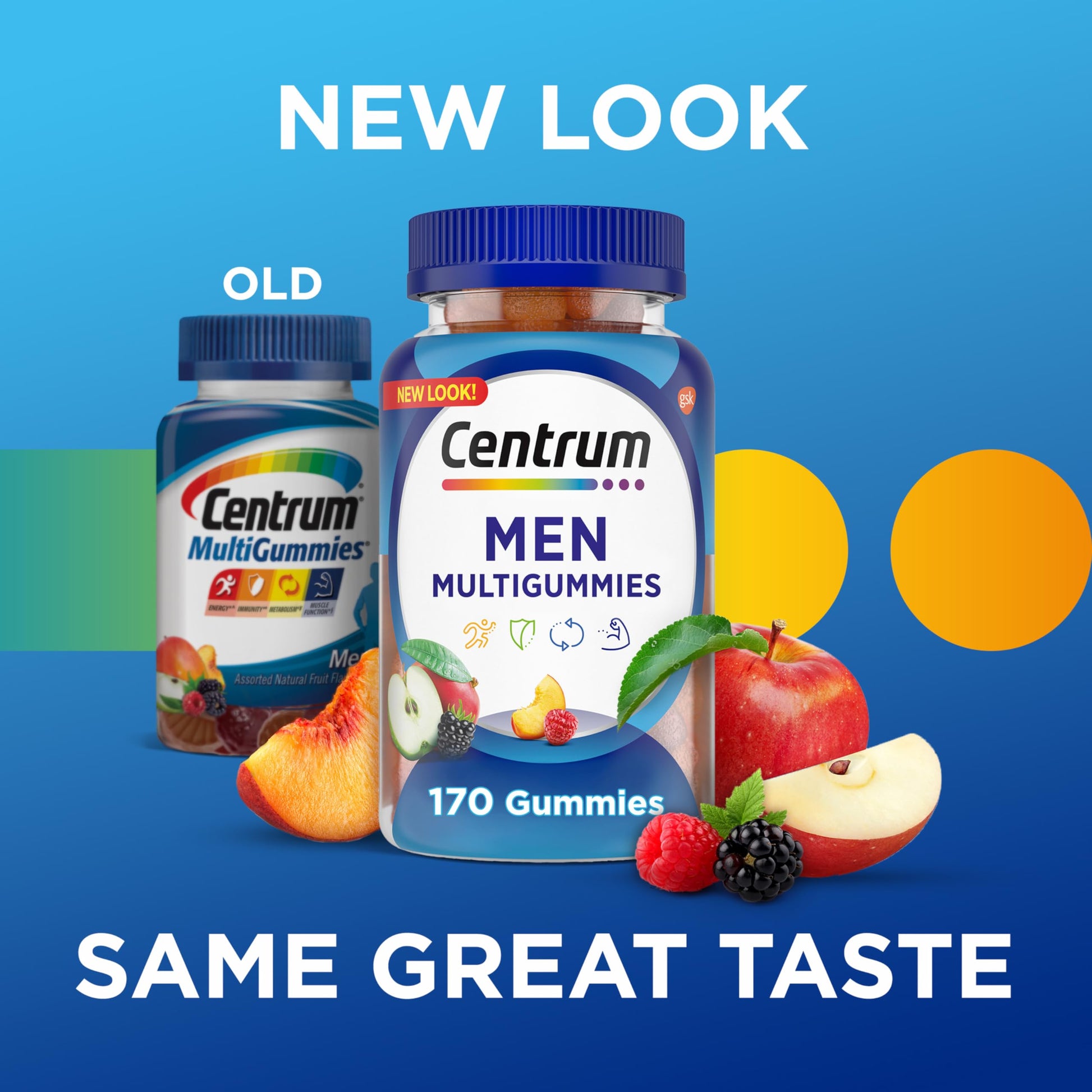 Botellas de antes y después del multivitamínico Centrum con nuevo diseño de empaque.