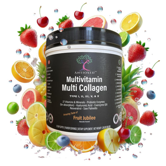 Producto Antioxed Multivitaminas MultiColágeno con fondo de frutas cítricas