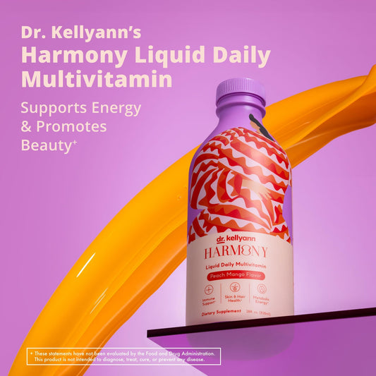 Anuncio del multivitamínico Harmony líquido que apoya energía y belleza