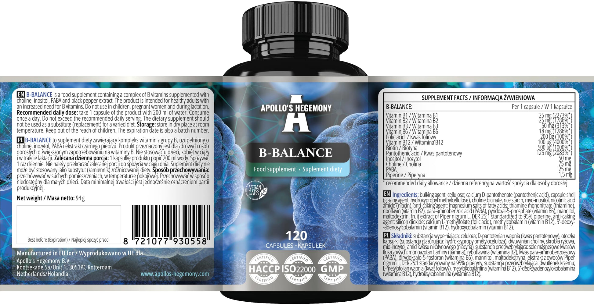 Frasco Apollo B-Balance vitamina b complejo salud general