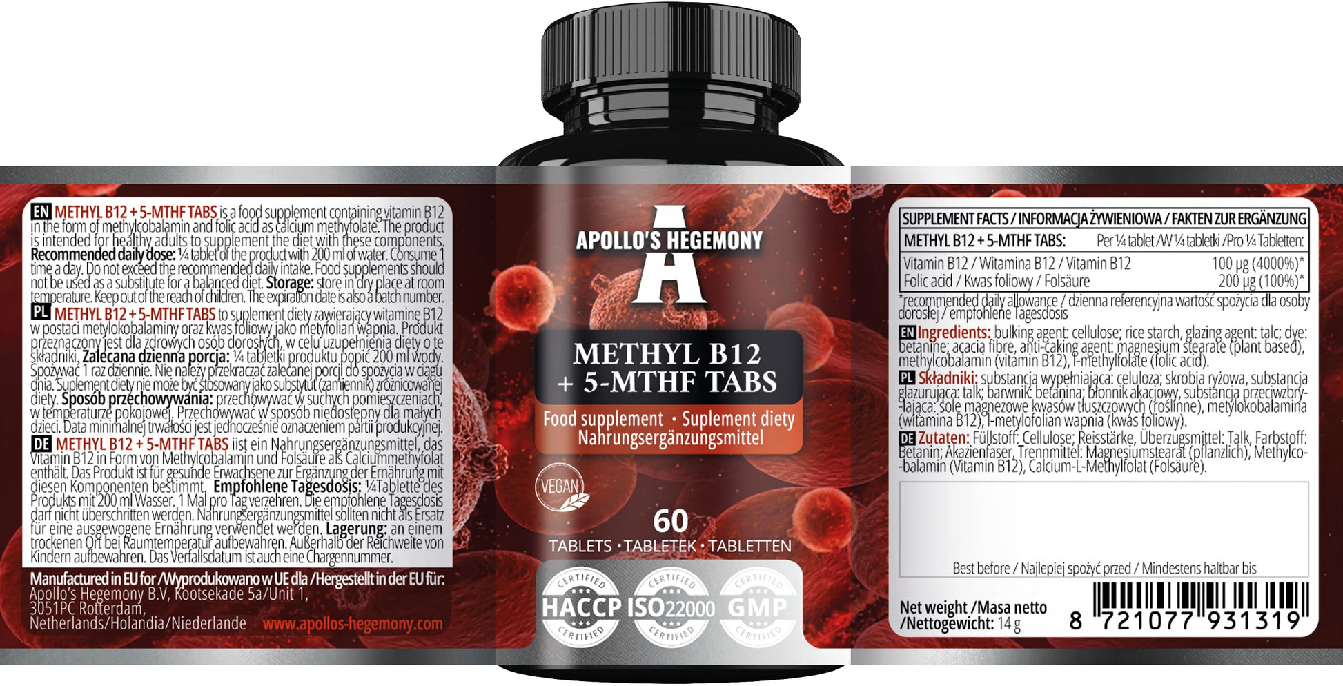 Suplemento APOLLO'S HEGEMONY vitamina b12 y ácido fólico