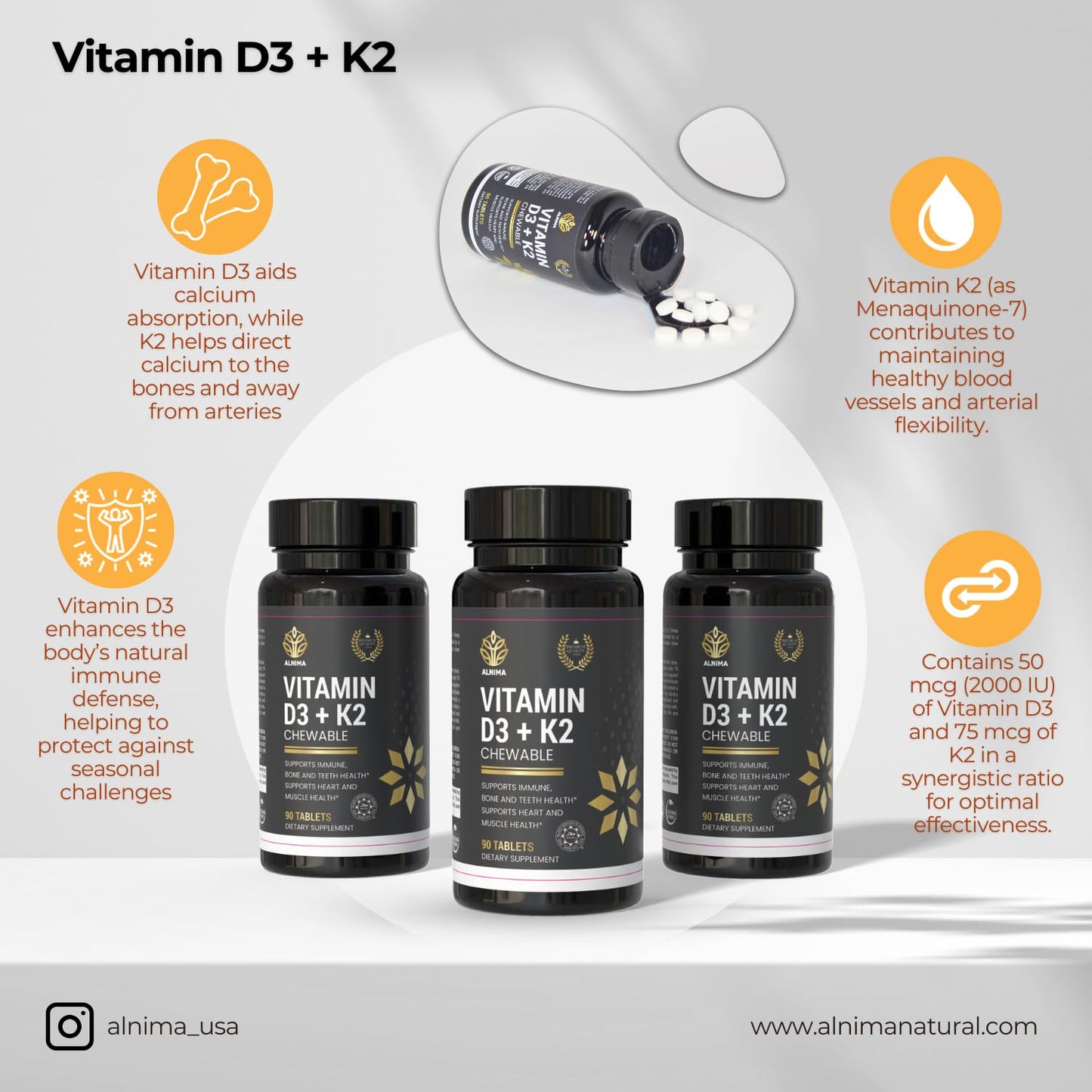 Apoyo para huesos y corazón ALNIMA vitamina D3 K2