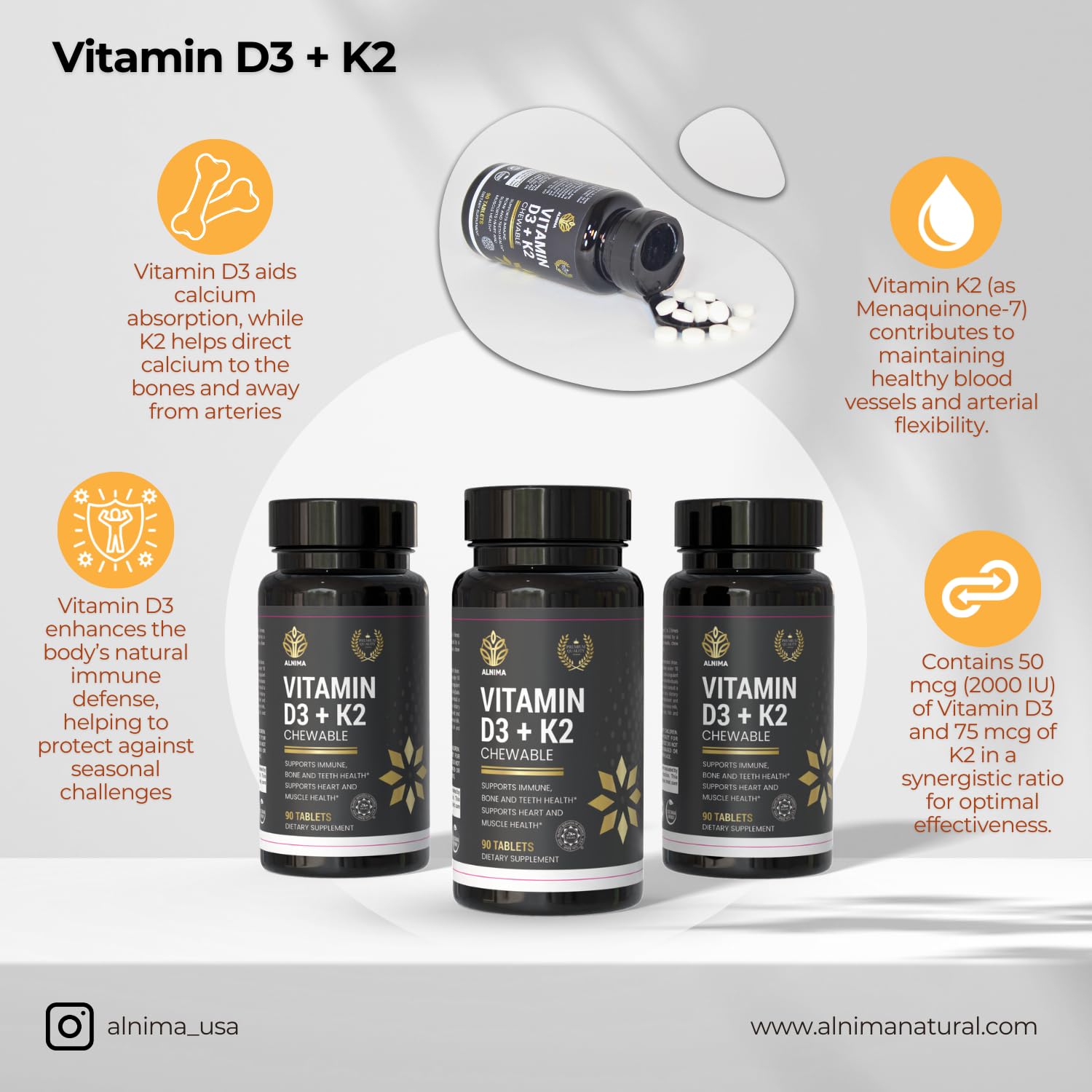 Apoyo para huesos y corazón ALNIMA vitamina D3 K2