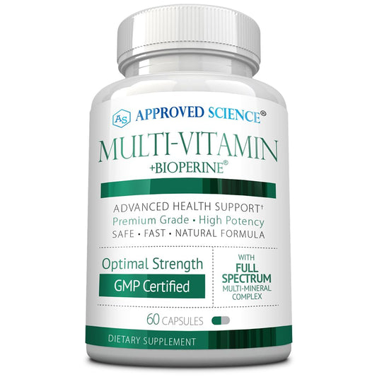 envase de multivitamínico Approved Science, 60 cápsulas, color blanco y verde