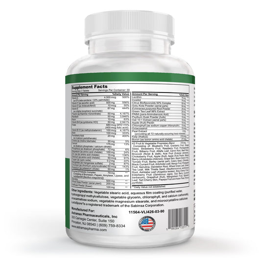 Detalle de ingredientes nutritivos en multivitamínico Astramax