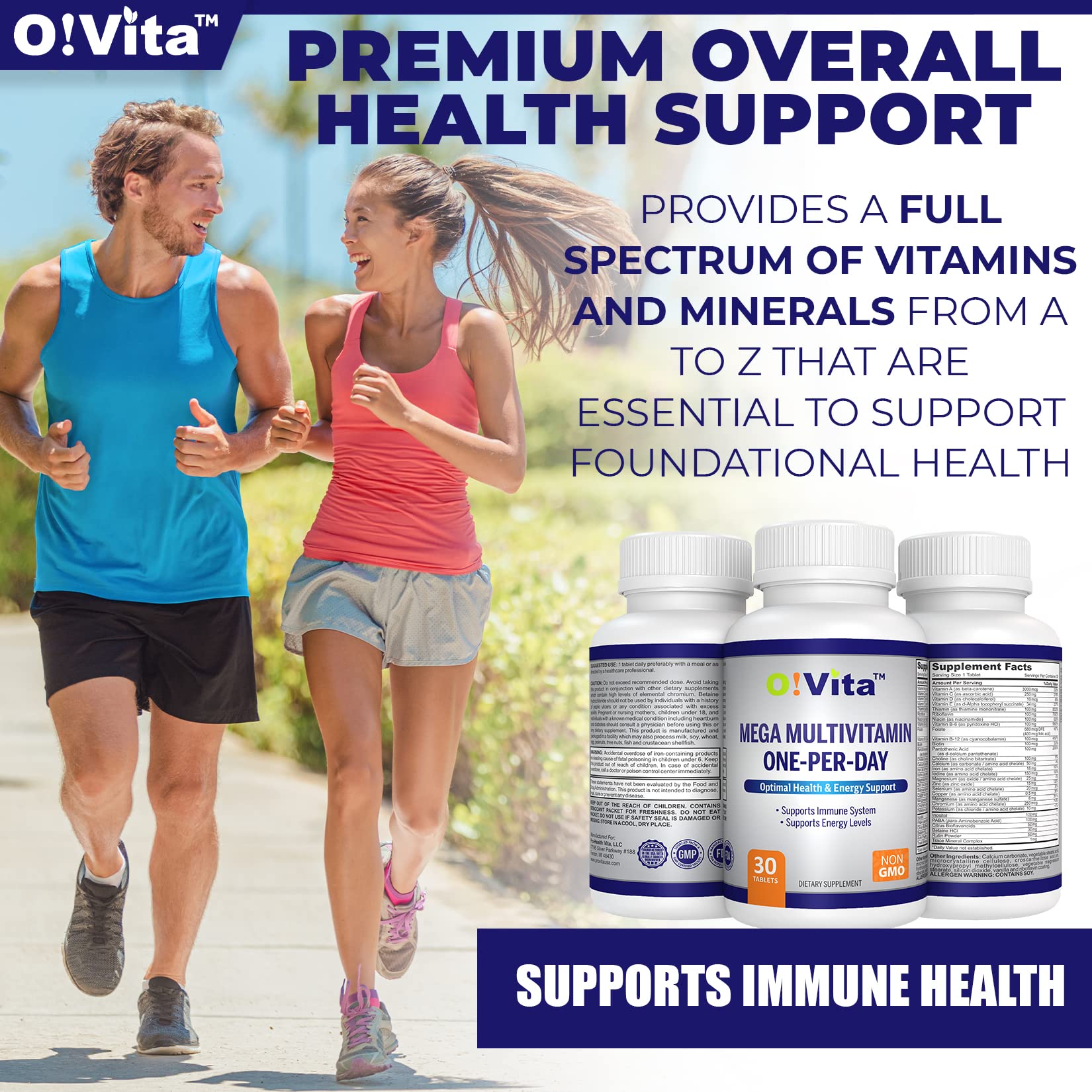 Dos atletas corriendo con vitaminas O!VITA en la imagen.